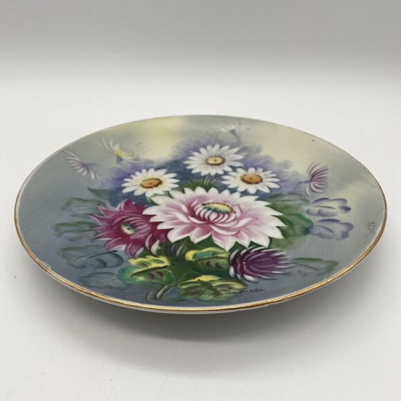 Hand Painted Signed Y. Funabashi Floral Gold Trim 8” Salad Lunch Decor Plate - Picture 3 of 7